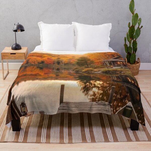 Item preview, Cozy Autumn Cabin by the Lake — Fall Landscape Dock & Canoe Aesthetic Art designed and sold by LYAN-STORE.