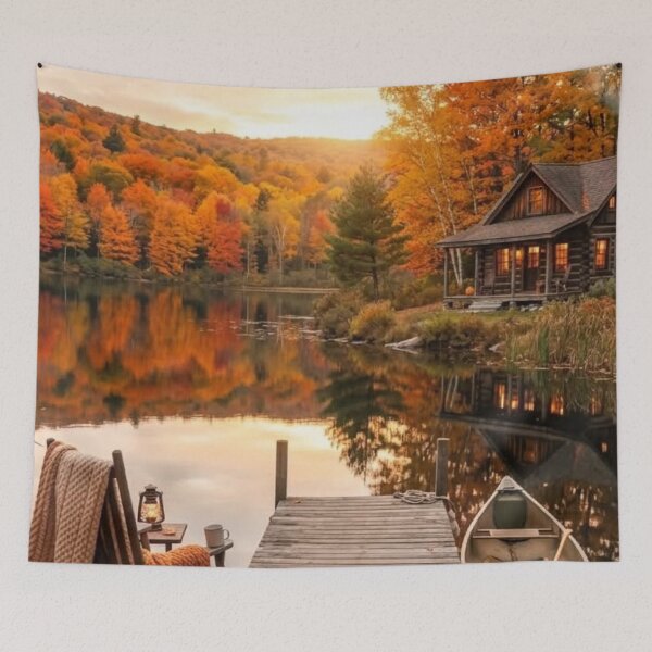 Item preview, Cozy Autumn Cabin by the Lake — Fall Landscape Dock & Canoe Aesthetic Art designed and sold by LYAN-STORE.
