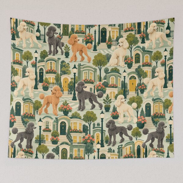 Item preview, Poodle City Stroll – Retro Poodle Pattern with Elegant Townhouses designed and sold by Paper-Pickle.