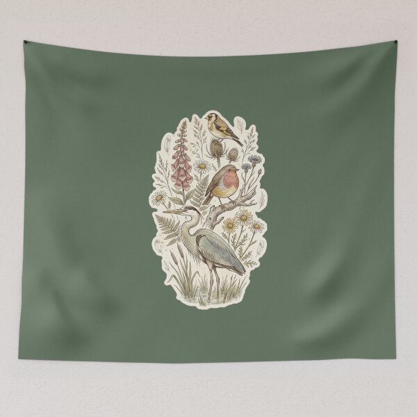 Item preview, Wild Birds & Vintage Wildflowers - Botanical Heron & Songbirds Art designed and sold by Driesman.