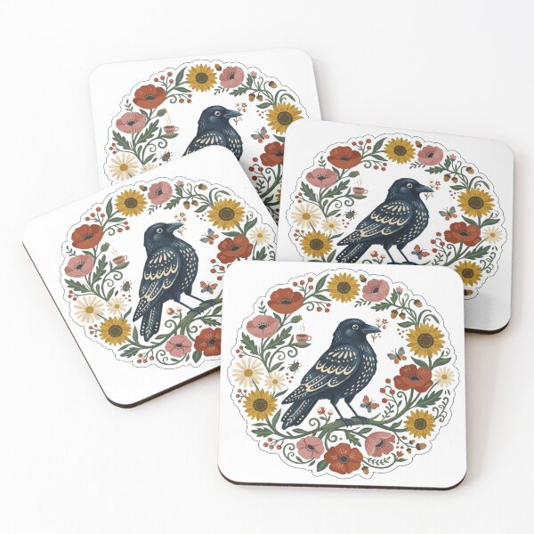 Item preview, Folk Art Raven Floral Wreath - Cottagecore Crow & Wildflowers designed and sold by Driesman.
