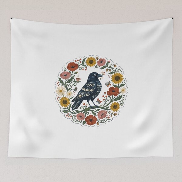 Item preview, Folk Art Raven Floral Wreath - Cottagecore Crow & Wildflowers designed and sold by Driesman.