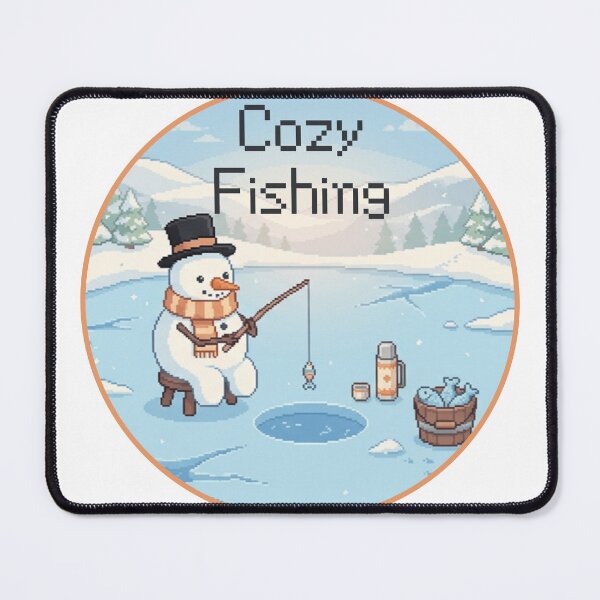 Item preview, pixel art of a snowman ice fishing on a winter day designed and sold by samuzai.