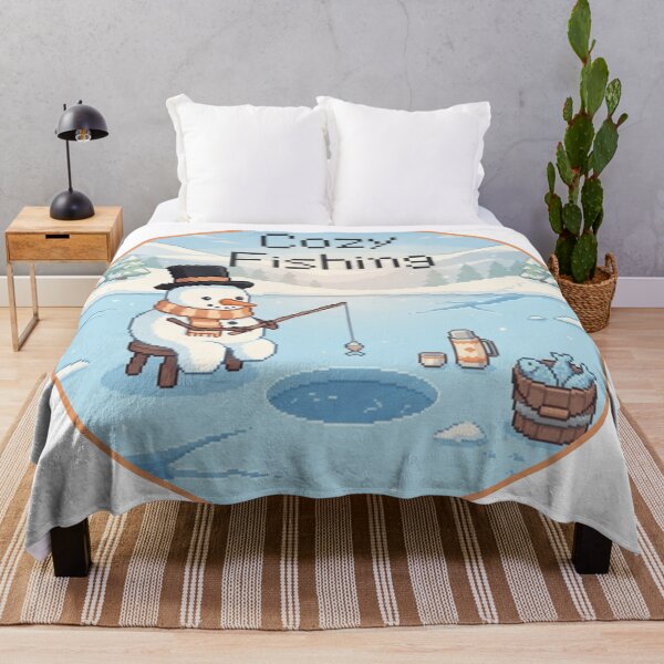 Item preview, pixel art of a snowman ice fishing on a winter day designed and sold by samuzai.