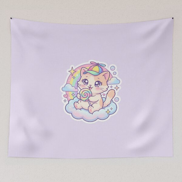 Item preview, Kawaii Cat in Propeller Hat - Pastel Rainbow & Lollipop Art designed and sold by Driesman.