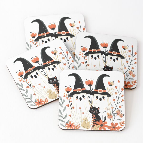 Item preview, Witchy Ghost Friends and Black Cat – Cute Floral Halloween Art designed and sold by Pattern Arbor .