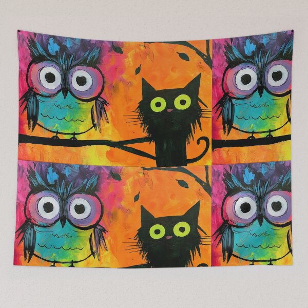 Item preview, Spooky Owl and Black Cat Halloween Art Vibrant Whimsical Animal Painting designed and sold by OlfactoART Studio.