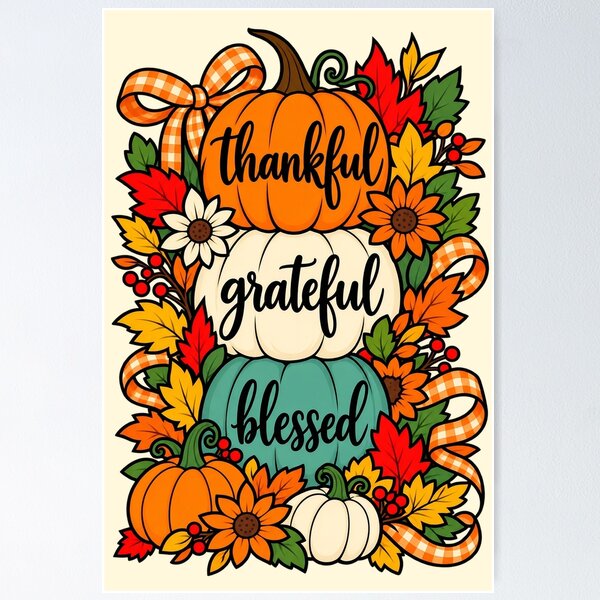 Item preview, Thankful Grateful Blessed Stacked Pumpkins Fall Season designed and sold by CrazyCraftStudio.