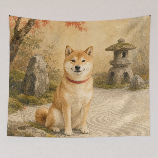Item preview, Shiba Inu Dog in Japanese Autumn Zen Garden Watercolor designed and sold by vekotpu.