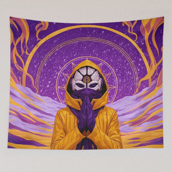 Item preview, Yellow Hooded Masked Monk Praying Cosmic Art designed and sold by Lunat1kk.
