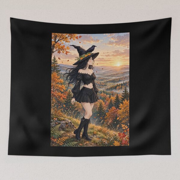 Item preview, Enchanting Autumn Witch Admiring the Golden Sunset. designed and sold by DibujandoPorfa.