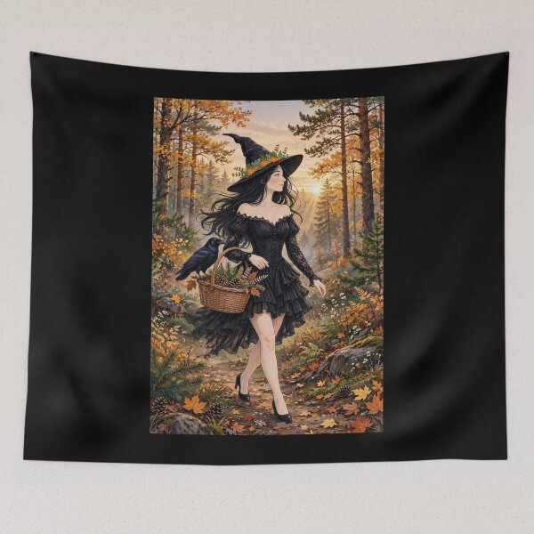 Item preview, Enchanting Autumn Witch Strolling with a Basket of Woodland Treasures. designed and sold by DibujandoPorfa.