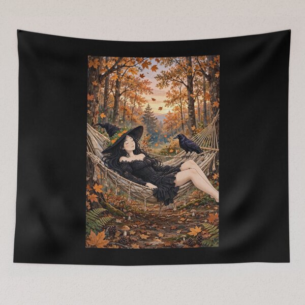 Item preview, Beautiful Autumn Witch Relaxing in a Woodland Hammock.. designed and sold by DibujandoPorfa.