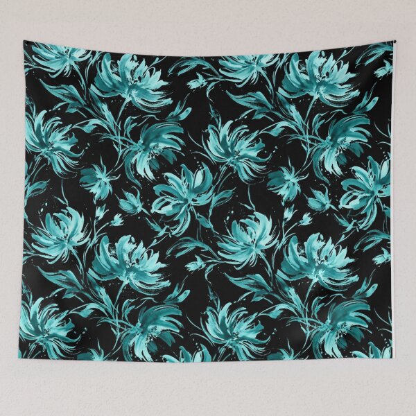 Item preview, Turquoise Floral Watercolor Pattern on Black designed and sold by Owcomm.