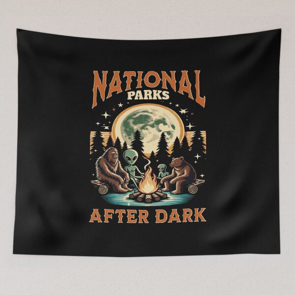 Item preview, National Parks After Dark Retro Bigfoot Alien Campfire designed and sold by Neon Bones Studio.