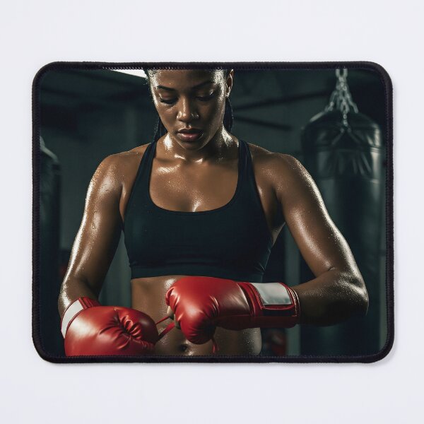 Item preview, A female boxer with sweaty skin and red boxing gloves in a gym, looking focused and determined designed and sold by homydesign.