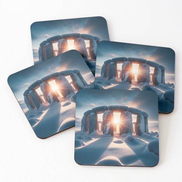 Item preview, Snow-covered Stonehenge with the sunburst visible through the ancient stones under a dramatic sky designed and sold by homydesign.