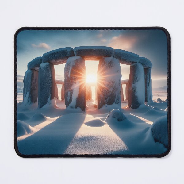 Item preview, Snow-covered Stonehenge with the sunburst visible through the ancient stones under a dramatic sky designed and sold by homydesign.