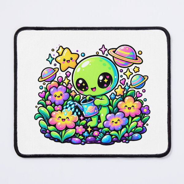 Item preview, Cute Alien Gardener Watering Cosmic Flowers designed and sold by Thai Vibe Studio.