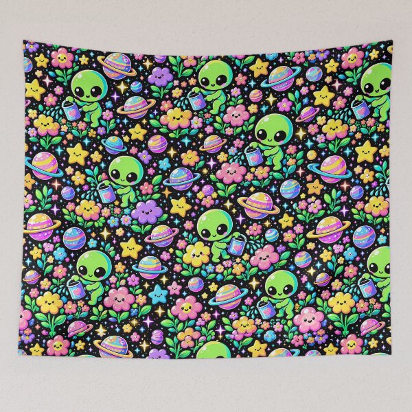 Item preview, Cute Alien Gardener Watering Cosmic Flowers designed and sold by Thai Vibe Studio.