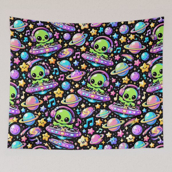 Item preview, Cute Alien DJ Mixing Neon Cosmic Beats designed and sold by Thai Vibe Studio.