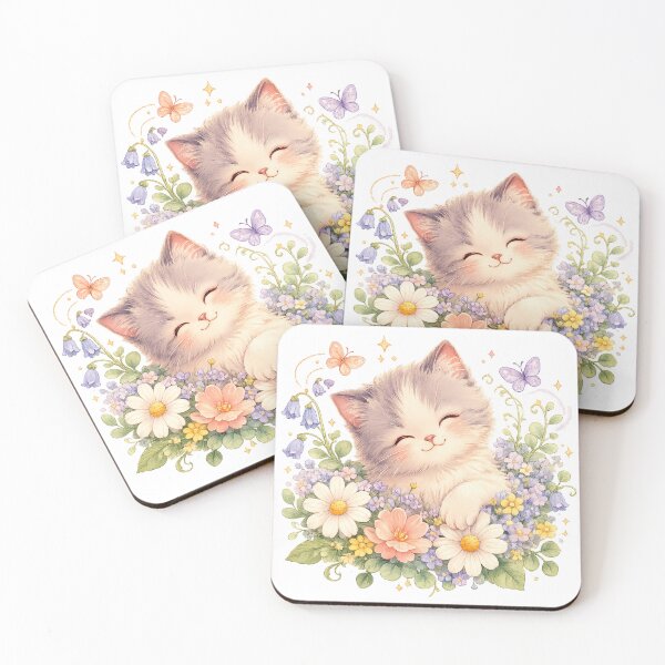 Item preview, Cute Fluffy Kitten in Spring Flowers Pastel Floral Cottagecore Cat Art designed and sold by inkoutninja.