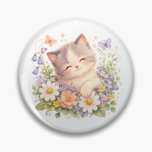 Item preview, Cute Fluffy Kitten in Spring Flowers Pastel Floral Cottagecore Cat Art designed and sold by inkoutninja.