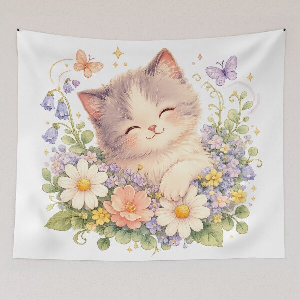 Item preview, Cute Fluffy Kitten in Spring Flowers Pastel Floral Cottagecore Cat Art designed and sold by inkoutninja.