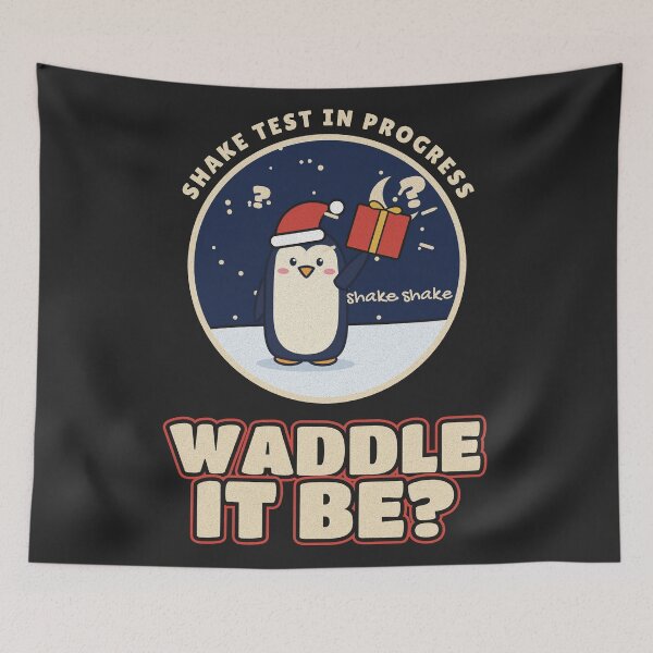 Artikelvorschau, Waddle It Be Penguin Shaking a Christmas Present entworfen und verkauft von somebasic.