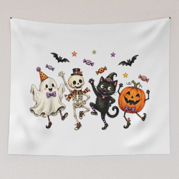 Item preview, Cute Black Cat Ghost Pumpkin Skeleton Funny Halloween Dance designed and sold by River Silva.