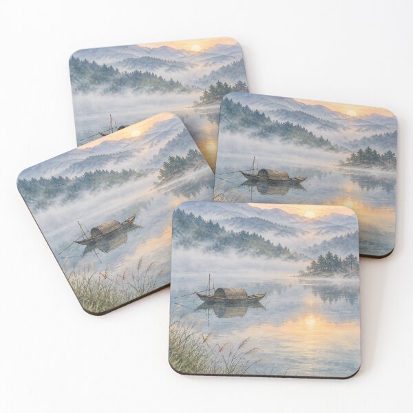 Item preview, Japanese Misty Lake Sunrise and Wooden Boat Watercolor designed and sold by vekotpu.