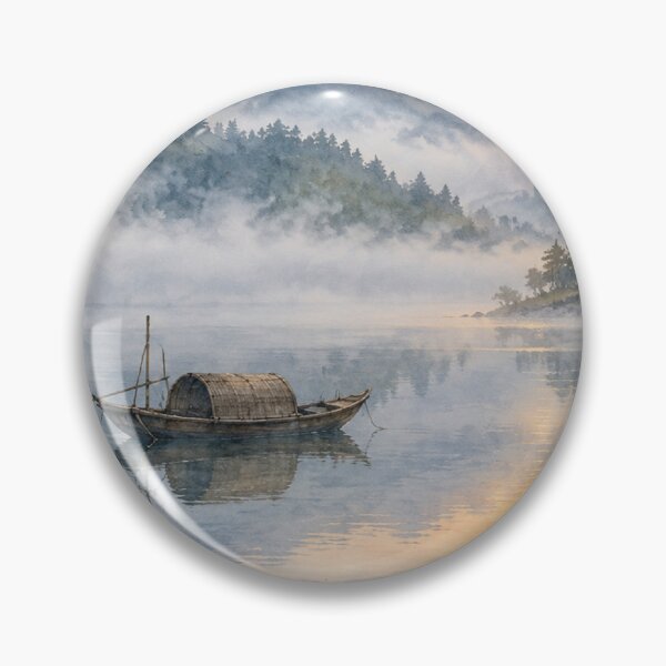 Item preview, Japanese Misty Lake Sunrise and Wooden Boat Watercolor designed and sold by vekotpu.