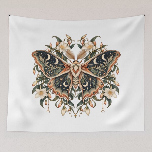 Item preview, Moonlit Moth with Flowers and Crescent Moon  designed and sold by Art Studio Shams.