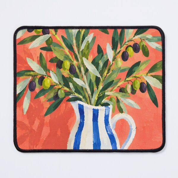 Item preview, Olive Branches in Blue and White Striped Pitcher – Mediterranean Still Life Painting designed and sold by Amalia Gutyz.