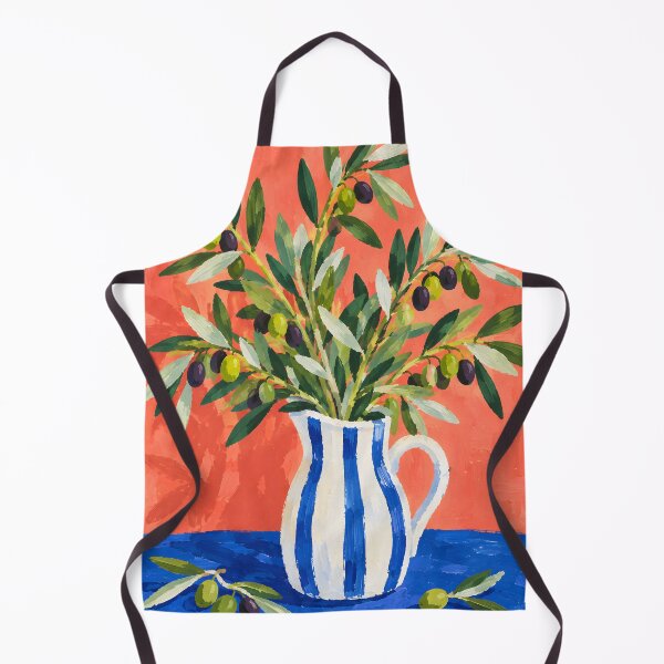 Item preview, Olive Branches in Blue and White Striped Pitcher – Mediterranean Still Life Painting designed and sold by Amalia Gutyz.