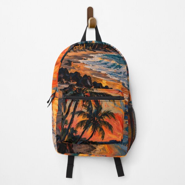 Item preview, Fiery Sunset Over Tropical Ocean Waves – Palm Tree Expressionist Beach Landscape designed and sold by Amalia Gutyz.