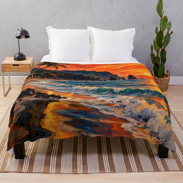 Item preview, Fiery Sunset Over Tropical Ocean Waves – Palm Tree Expressionist Beach Landscape designed and sold by Amalia Gutyz.