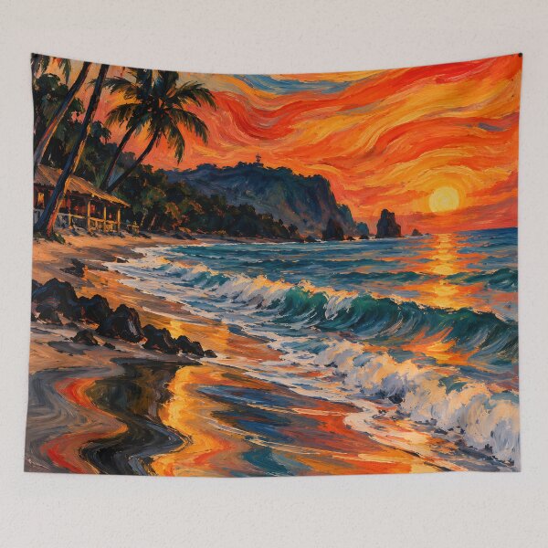 Item preview, Fiery Sunset Over Tropical Ocean Waves – Palm Tree Expressionist Beach Landscape designed and sold by Amalia Gutyz.