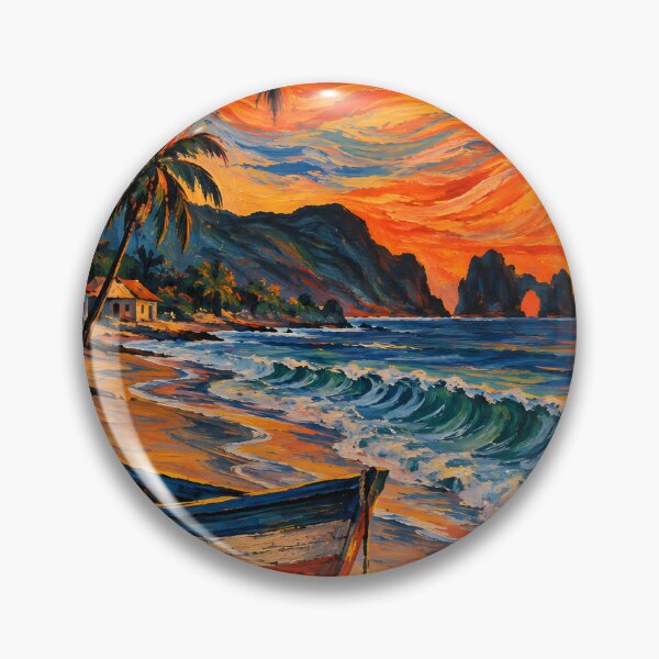 Item preview, Fishing Boat on Tropical Beach at Sunset – Fiery Orange Ocean Landscape designed and sold by Amalia Gutyz.