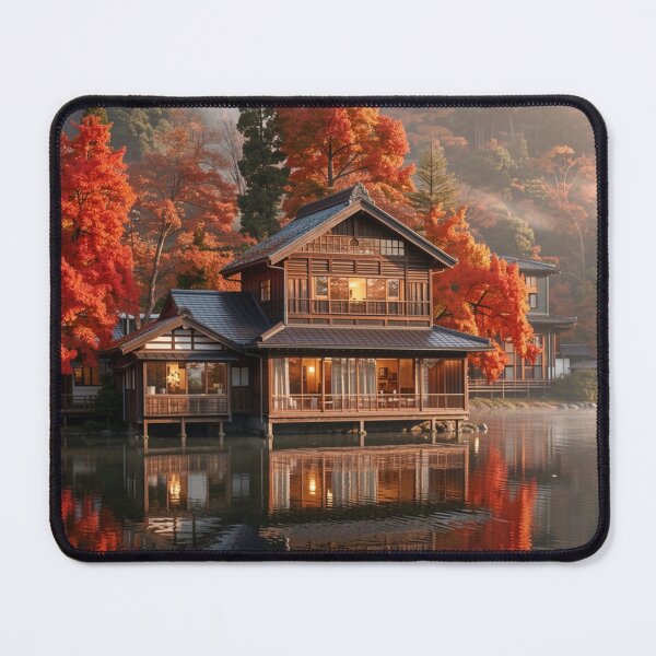 Item preview, Autumn Lakeside Retreat - Japanese Mountain House Art designed and sold by nhk999.
