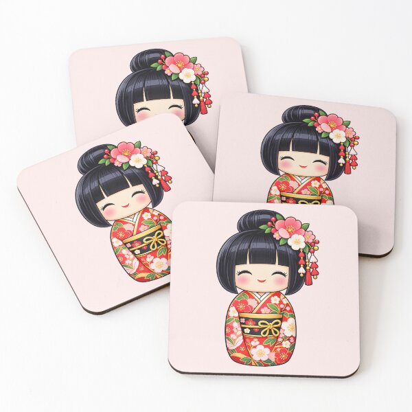 Item preview, Japanese Kokeshi Doll - Red Floral Kimono designed and sold by Myra365Art.