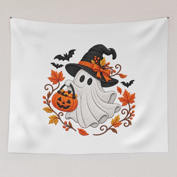 Item preview, Halloween Witch Ghost with Pumpkin and Autumn Leaves designed and sold by Nannythenimfa.