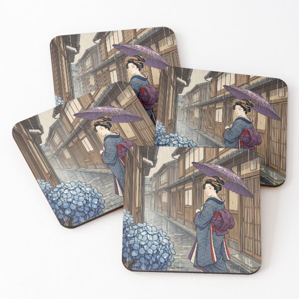 Item preview, Woman with Purple Umbrella in Rainy Town Street designed and sold by TokyoUkiyoHouse.