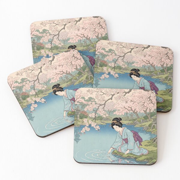 Item preview, Woman Reflected in Pond Under Cherry Blossoms designed and sold by TokyoUkiyoHouse.