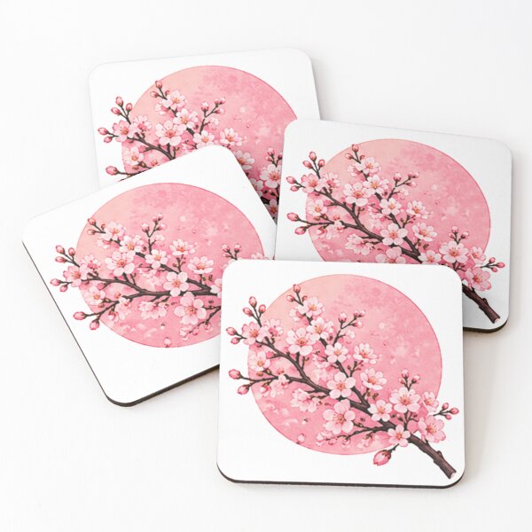 Item preview, Japanese Cherry Blossom branch watercolor illustration on pink sun background designed and sold by Rehnair.