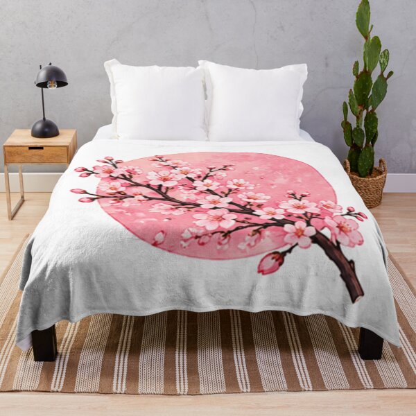 Item preview, Japanese Cherry Blossom branch watercolor illustration on pink sun background designed and sold by Rehnair.