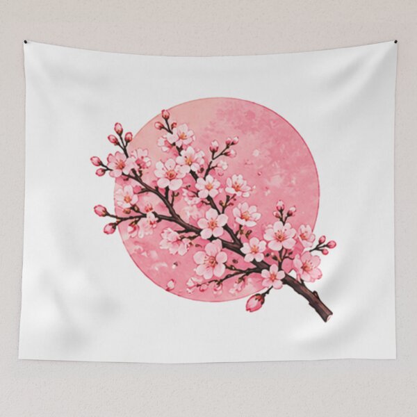 Item preview, Japanese Cherry Blossom branch watercolor illustration on pink sun background designed and sold by Rehnair.