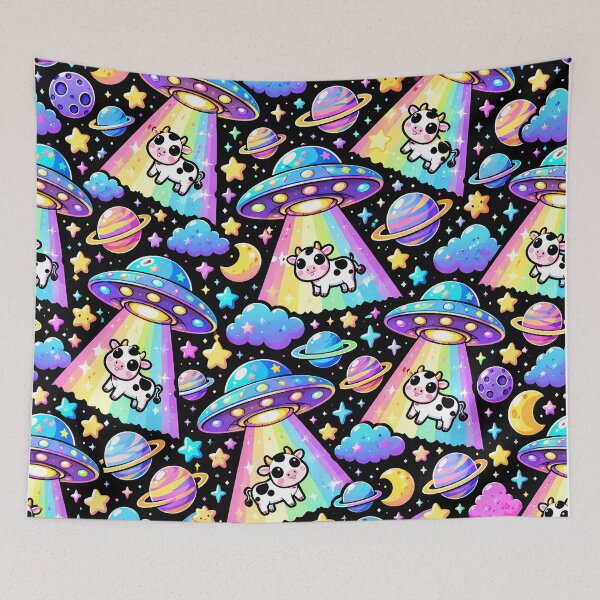 Item preview, Cute Rainbow UFO Cow Abduction Space Art designed and sold by Thai Vibe Studio.
