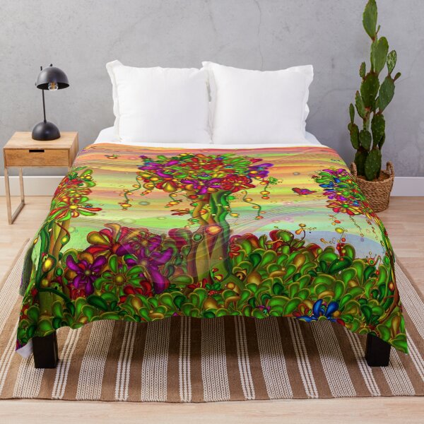 Item preview, Fantasy Forest Art – Three Flower-Crowned Trees Over a Psychedelic Wildflower Meadow Under a Colorful Sky | Whimsical Dopamine Decor designed and sold by Ofir mor.