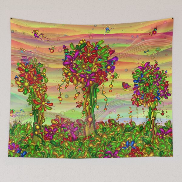 Item preview,  Fantasy Forest Art – Three Flower-Crowned Trees Over a Psychedelic Wildflower Meadow Under a Colorful Sky | Whimsical Dopamine Decor designed and sold by Ofir mor.